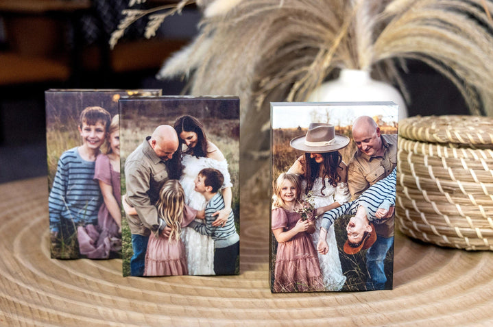 Three 5x7" Gallery Blocks with images of a family with two children. 