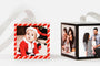 Two Cube Ornaments that feature pictures of a family and their baby