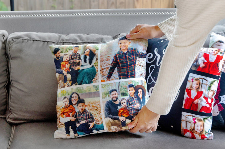 Woman placing Photo Pillow on a couch. 