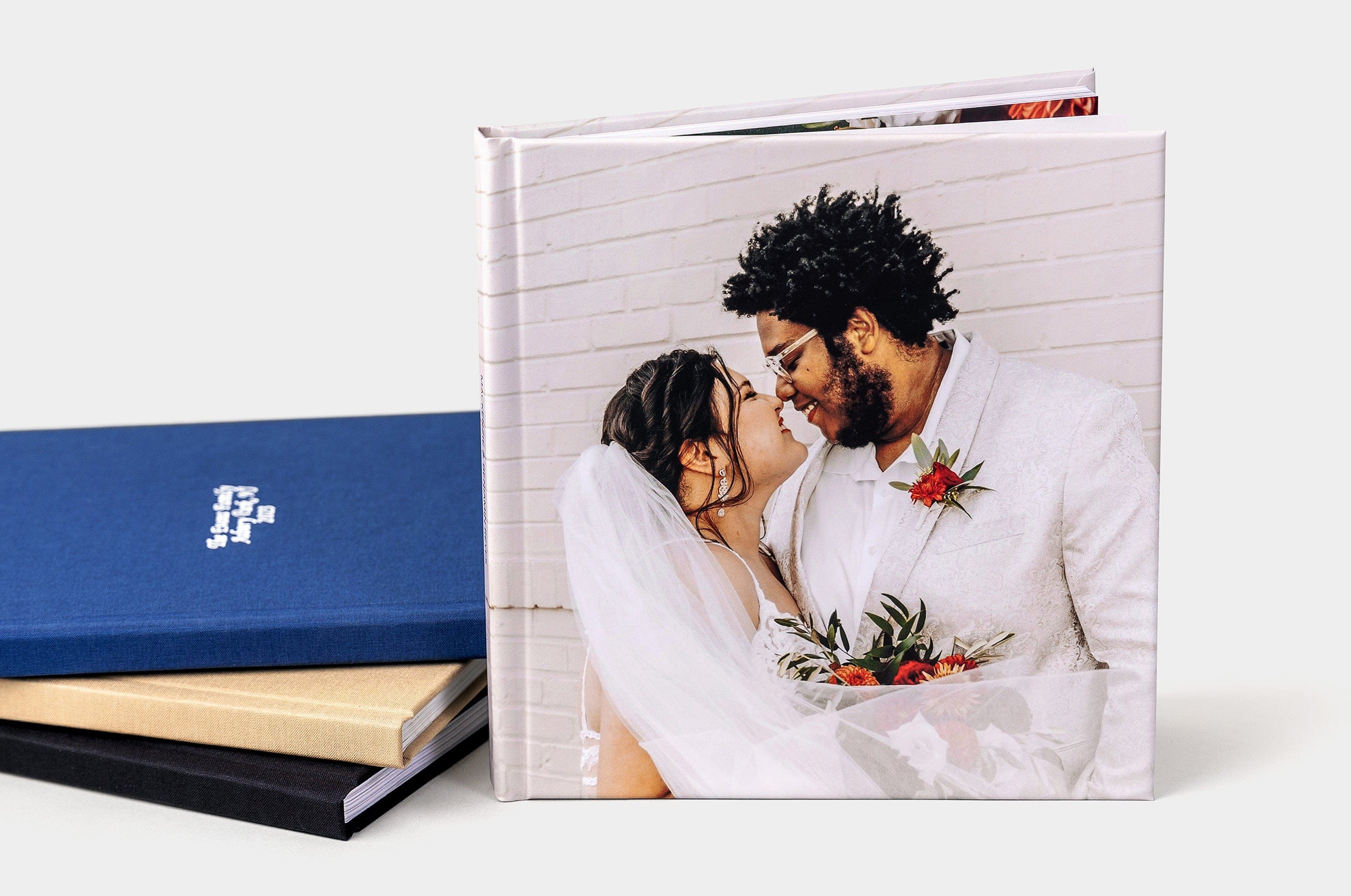 Navy Blue Leather Wedding Photo Album With Rose Gold Embossing