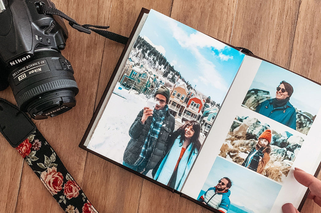 Inside spread of a Lay Flat Photo Book with wintery photos of friends. 