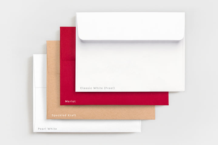 Four envelope options available: Classic White (which comes free with each pack), Merlot, Speckled Kraft, and Pearl White.