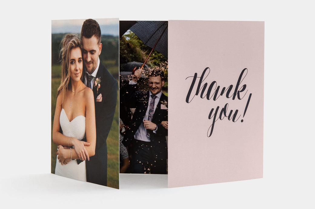 5x7" Gate Fold Card featuring Thank You artwork and photos from a wedding.