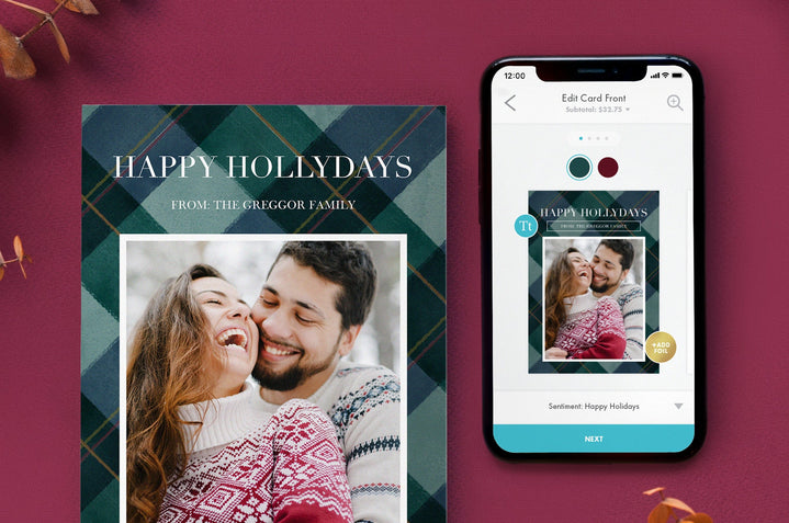 A Holiday Card next to the same card design shown in the Nations Photo Lab App