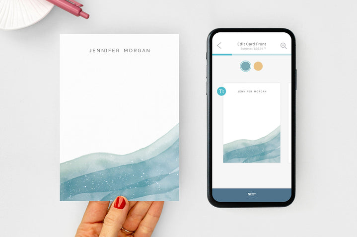 A Custom Stationery Card next to the same card design shown in the Nations Photo Lab App