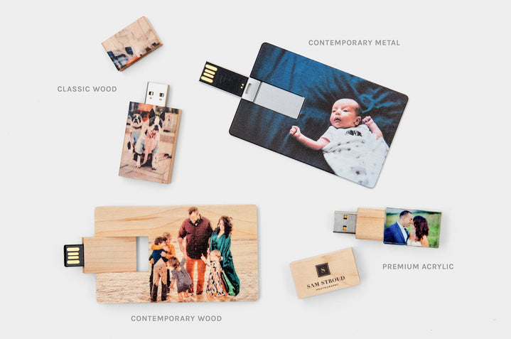 Four USB Drive Types: Classic Wood, Contemporary Metal, Contemporary Wood, and Premium Acrylic