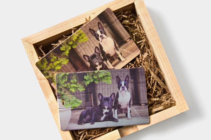 Contemporary Metal and Contemporary Wood USB Drives, featuring dog photos, on a Wood Box