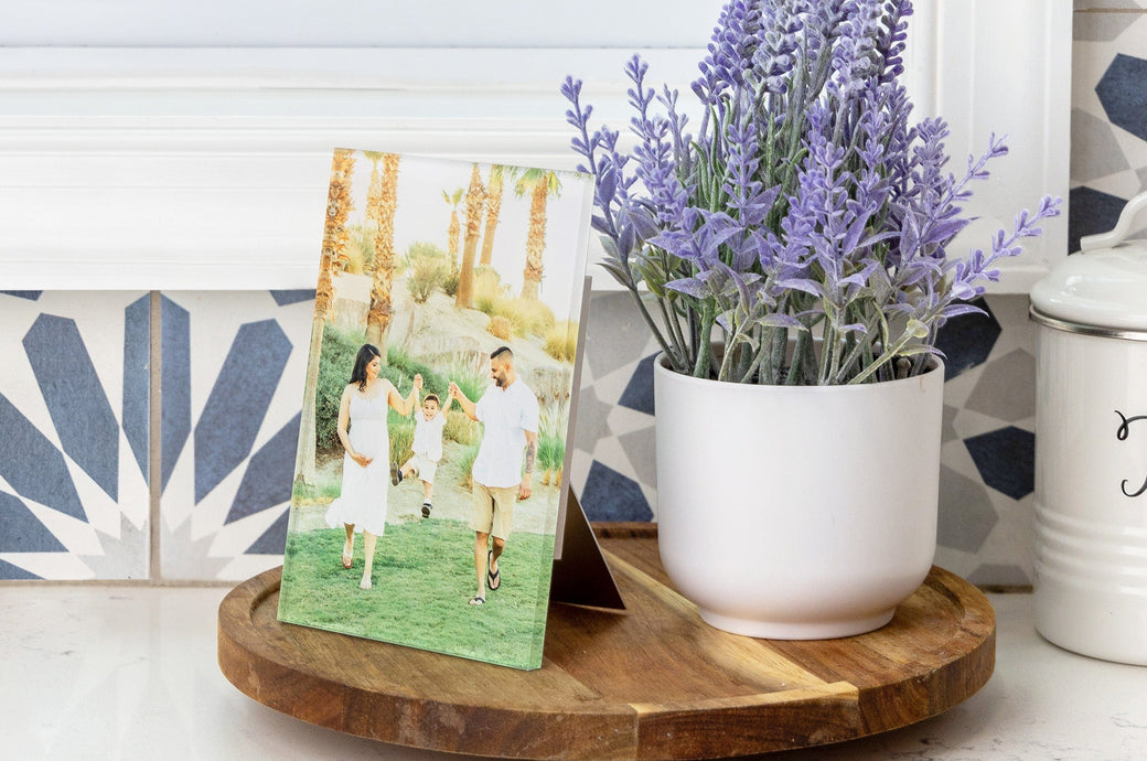 5x7" Acrylic Wall Decor styled on a kitchen counter featuring a photo of a family.